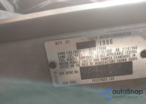 1986 Toyota Camry Dlx from USA, damaged, VIN JT2SV12E2G6028729